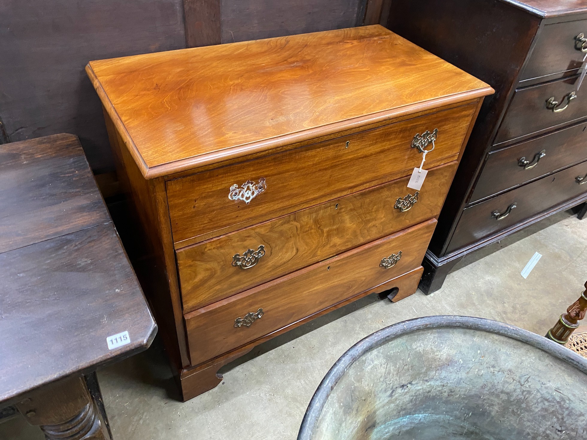 A George III style mahogany three drawer chest, width 92cm, depth 48cm, height 85cm *Please note the sale commences at 9am.